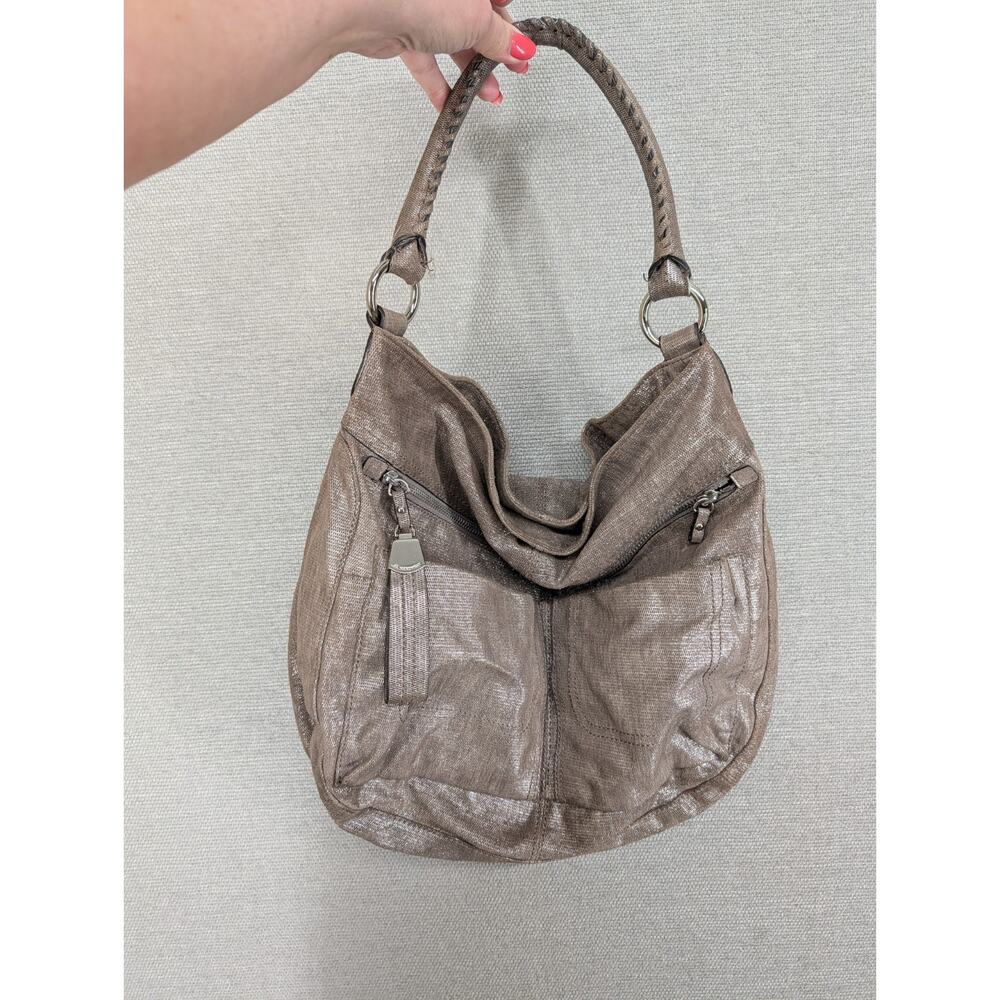 B. Makowsky Metallic Champagne Silver Shoulder Hobo Bag
